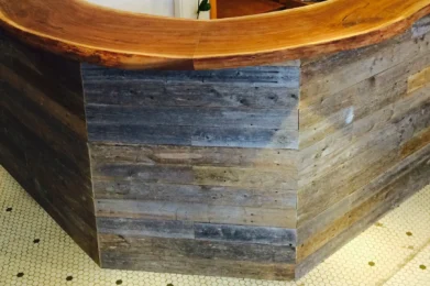 The Live Edge Tops reception desk curves around a corner, adorned with trailing green plants above. Behind it, shelves and cabinets accommodate various items in a warmly lit room that exudes a vintage charm. The floor is covered with small hexagonal tiles.