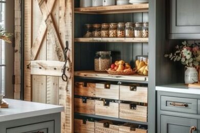 A kitchen pantry with a rustic sliding barn door reveals neatly organized wooden shelves and wicker baskets. The shelves hold jars of spices, fruits, and kitchen essentials. The kitchen has green cabinets and a warm, cozy ambiance.