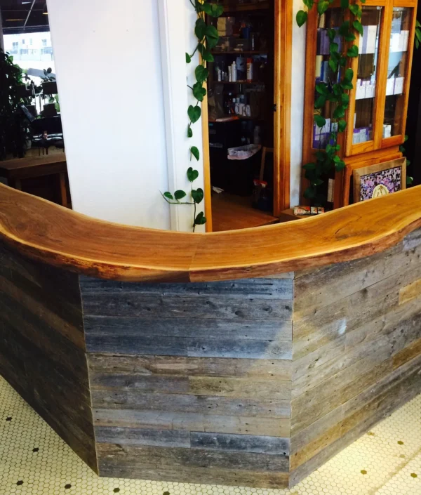 The Live Edge Tops reception desk curves around a corner, adorned with trailing green plants above. Behind it, shelves and cabinets accommodate various items in a warmly lit room that exudes a vintage charm. The floor is covered with small hexagonal tiles.