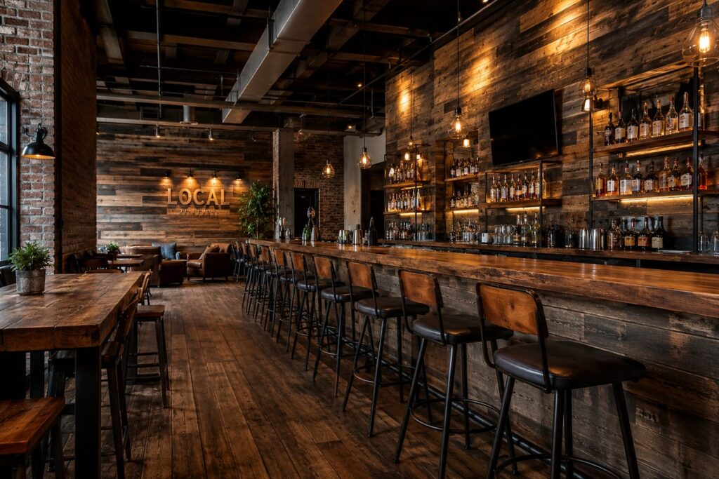 A bar and restaurant area with reclaimed wood walls, counters, tabletops, flooring.