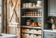 A kitchen pantry with a rustic sliding barn door reveals neatly organized wooden shelves and wicker baskets. The shelves hold jars of spices, fruits, and kitchen essentials. The kitchen has green cabinets and a warm, cozy ambiance.