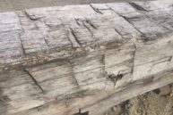Close-up of a weathered wooden beam with visible cracks and a small hole in the center. The surface appears rough and aged, resting on a sandy ground.