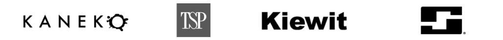 Logos of four companies: Kaneko with stylized overlapping letters, TSP in white on a gray box, Kiewit in bold black font, and a bold black S with a small square dot beside it on the right.