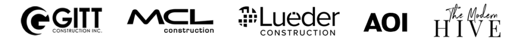Logos of six construction companies in a row: Gitt Construction Inc., MCL Construction, Lueder Construction, AOI, and The Modern Hive. Each logo has a unique design and font.
