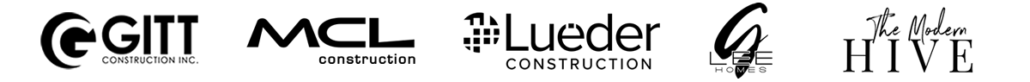 Logos of five construction and real estate companies: E&K GITT Construction Inc., MCL Construction, Lueder Construction, EAG Homes, and The Modern HIVE, displayed in a row.